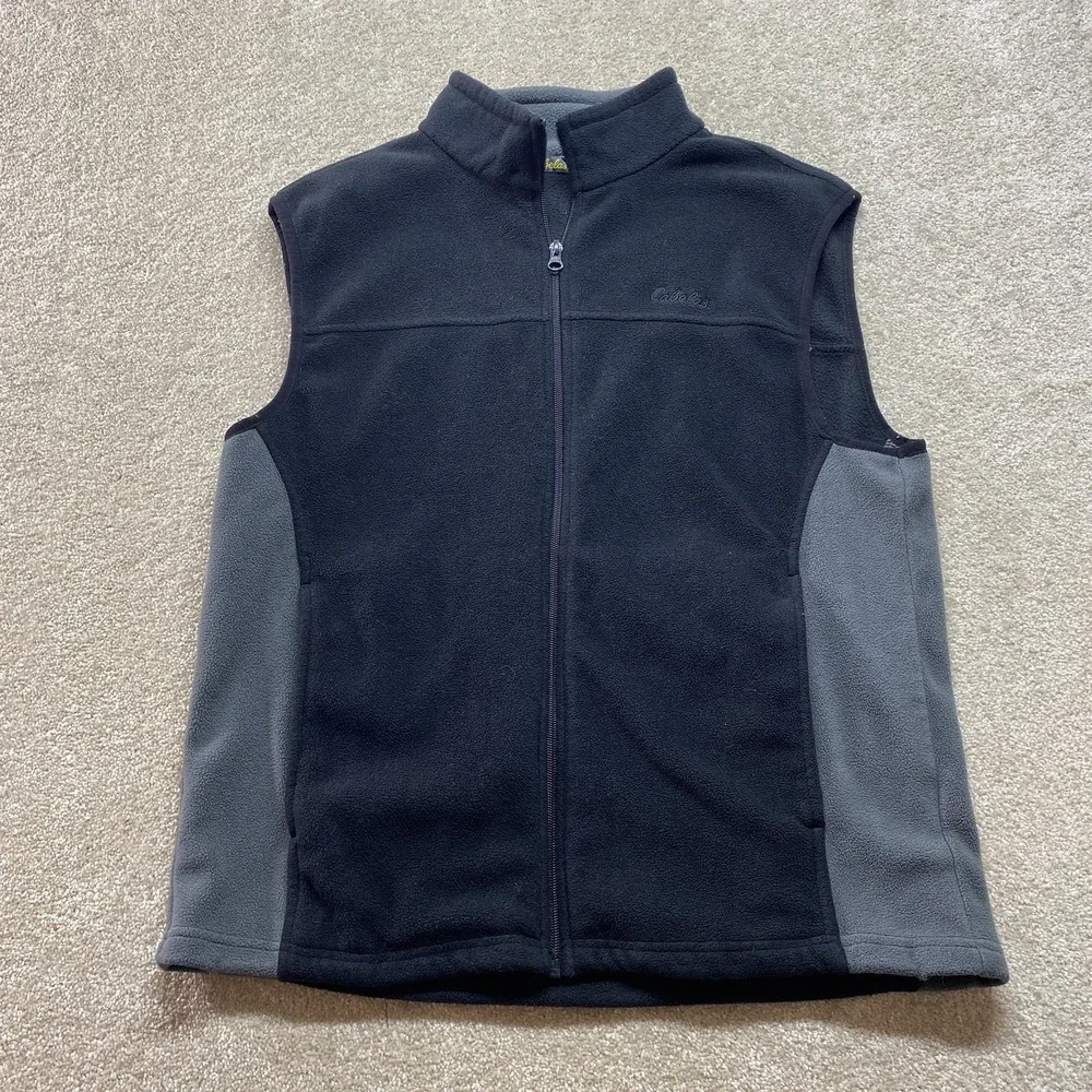 Cabelas Vest Mens Medium‎ Black Gray Fleece Full Zip Outdoors Hiking Sleeveless